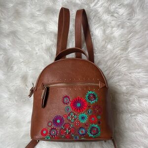 Steve Madden Floral Embroidered Brown leather Backpack